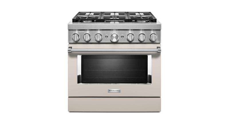 A Smart Commercial-Stle Dual Fuel Range in Avocado Cream.