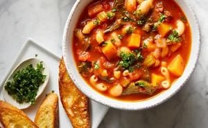 A bowl of Vegetarian Pasta E Fagioli with a side of toast points.