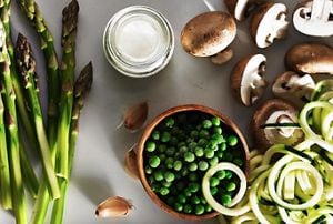 Asparagus, mushrooms, peas and zuchinni ingredients.