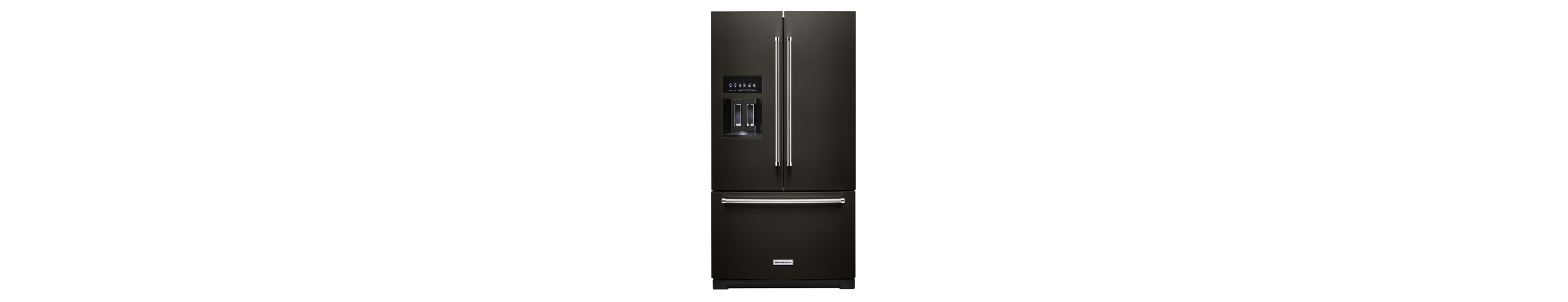 A French Door Refrigerator w/ Exterior Ice and Water in black stainless.