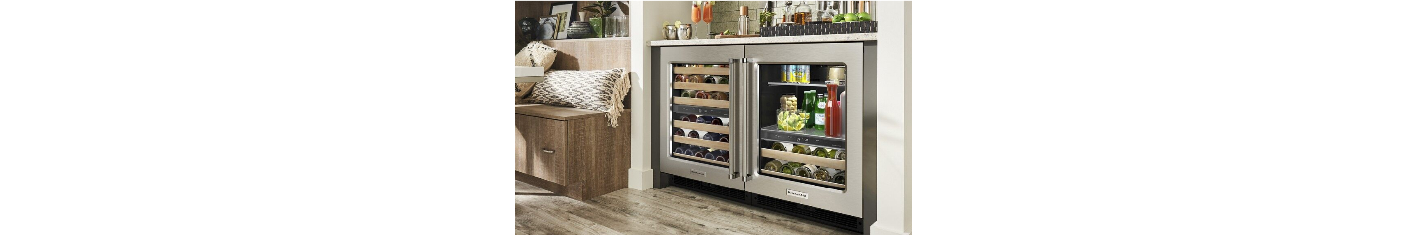 A stocked KitchenAid® Wine Cellar and Beverage Center.
