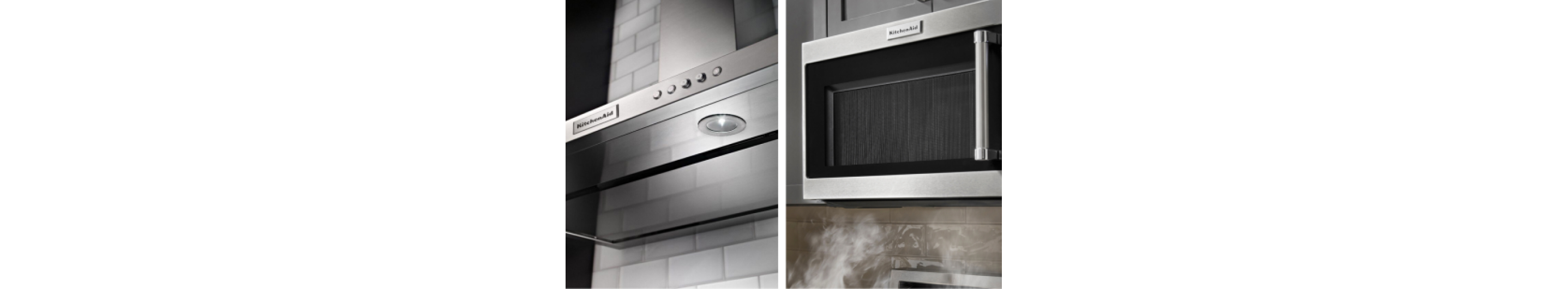 Side-by-side images of a KitchenAid® Vent Hood and Microwave Hood Combination.