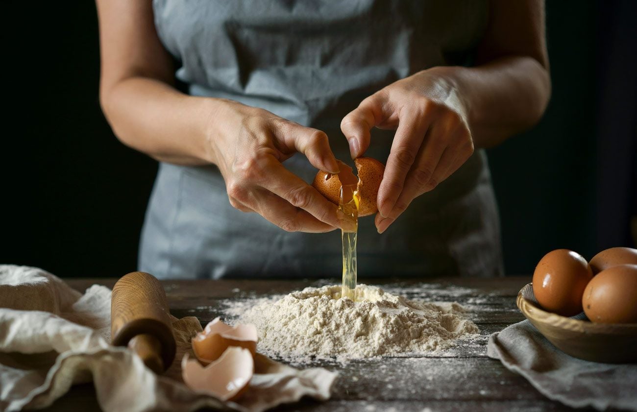 Expert hands cracking open an egg over a pile of flour scattered on a cutting board.