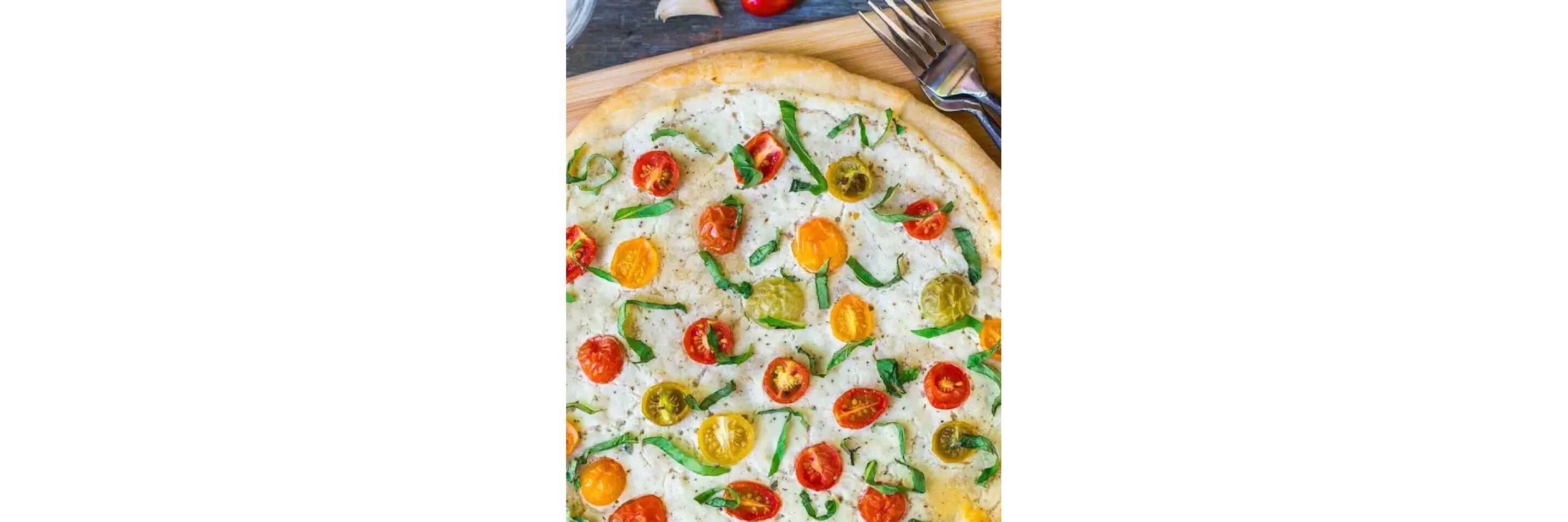 A tomato and basil pizza.
