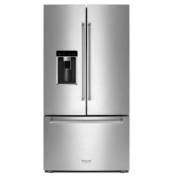 A KitchenAid® 36" Counter-Depth French Door Platinum Interior Refrigerator with PrintShield™ Finish.