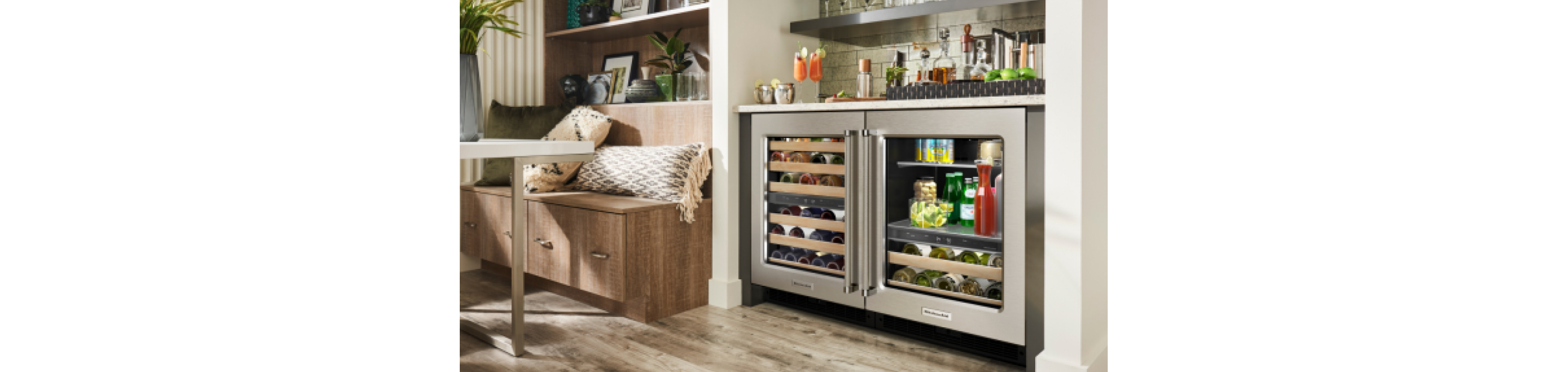 Stainless steel KitchenAid® undercounter beverage center.