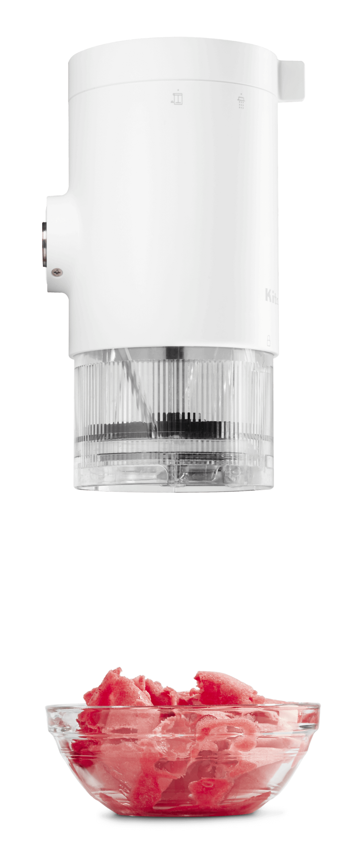 Red Stand Mixer equipped with the Shave Ice Attachment.