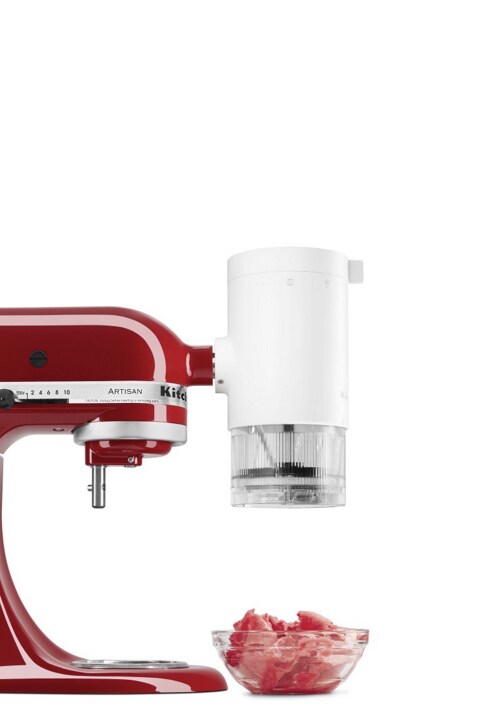 Red Stand Mixer equipped with the Shave Ice Attachment.