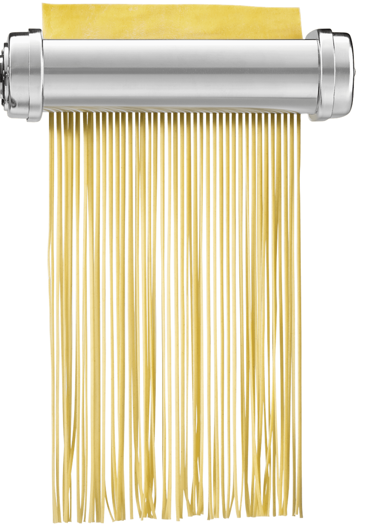 Red stand mixer with pasta and grain attachment cutting pasta sheets in linguine shape.