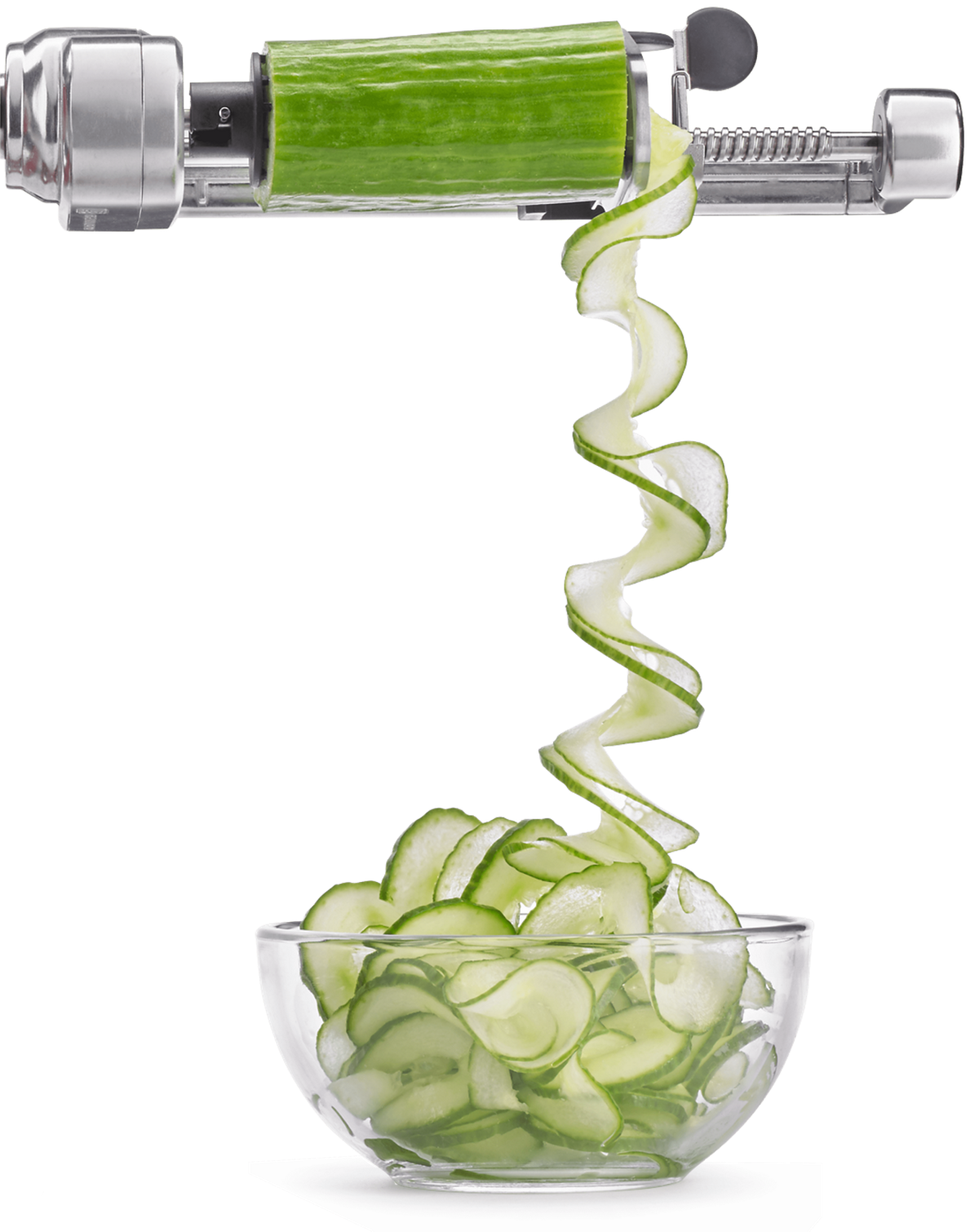 Red stand mixer beautifully spiralizing a fresh cucumber.