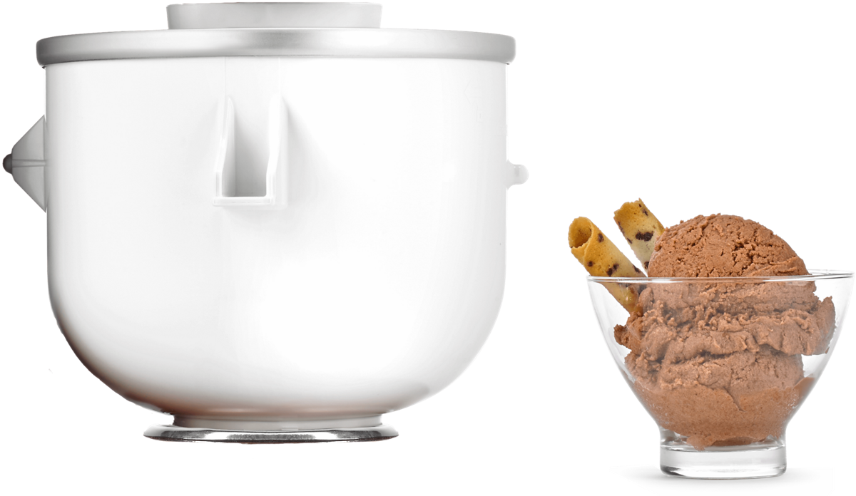 Red stand mixer equipped with ice cream maker next to bowl of chocolate ice cream and wafers.