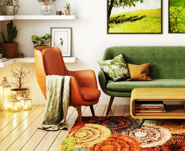 Living room with bright green and orange accents