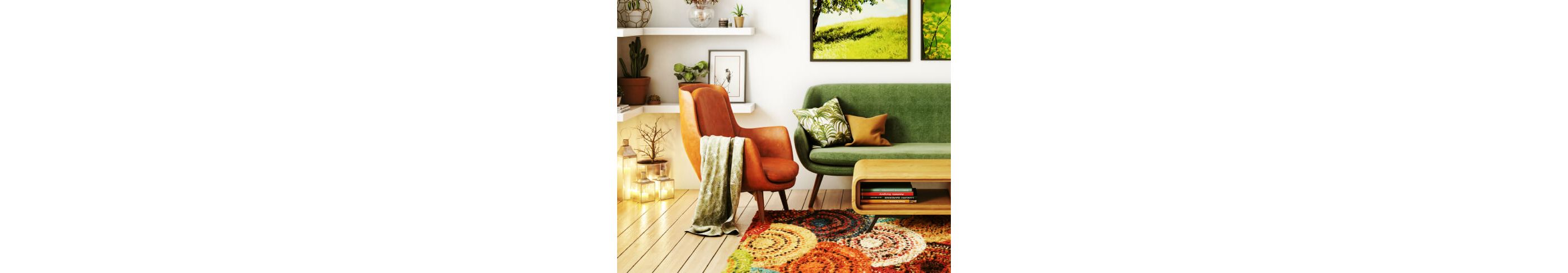 Living room with bright green and orange accents