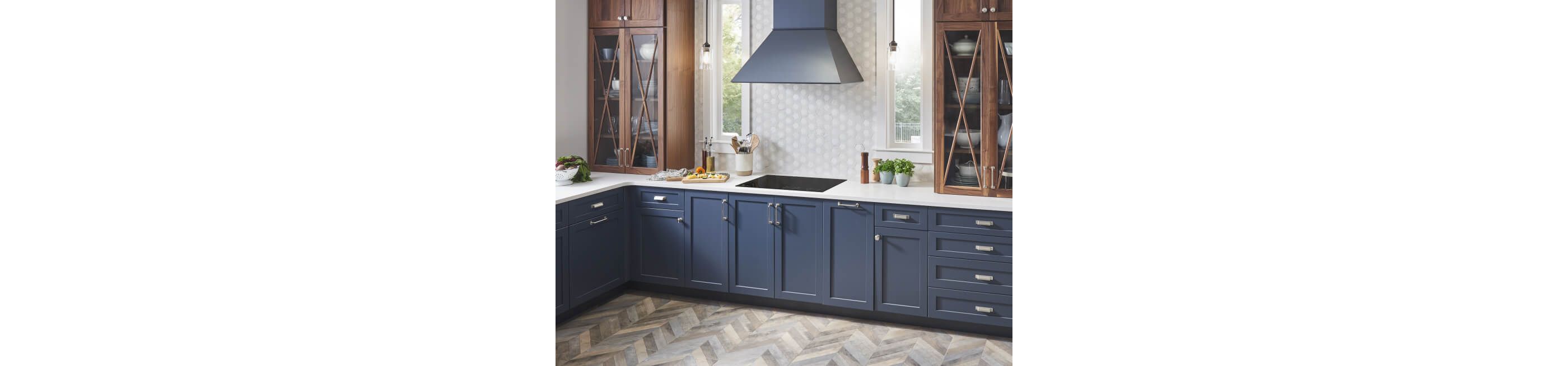 Kitchen with ink blue cabinets
