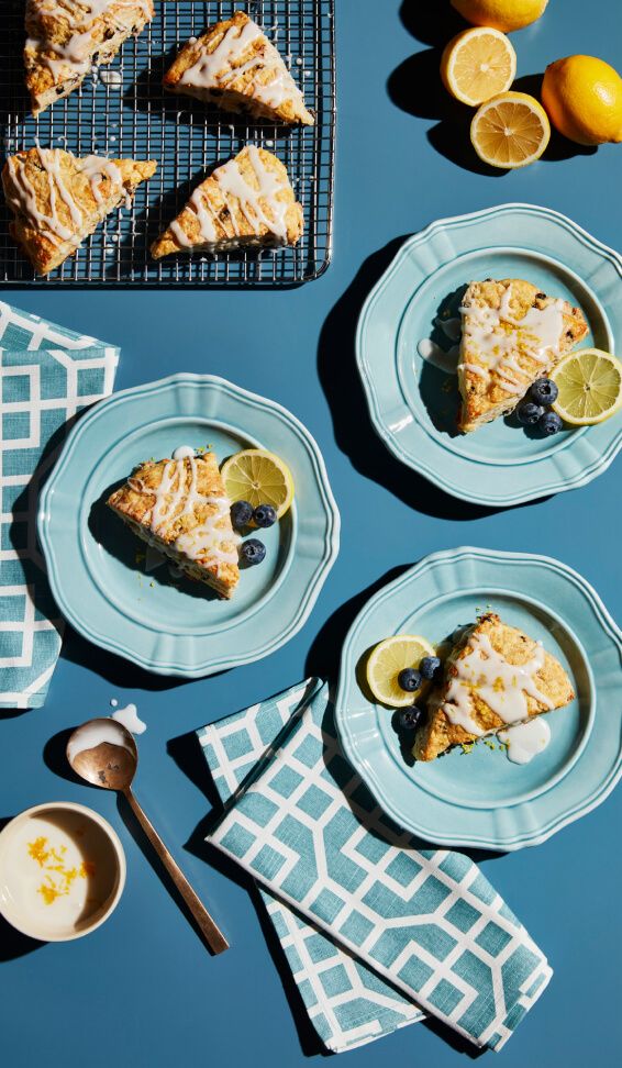 Blueberry lemon scones on teal plates