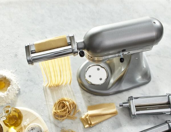 Fresh pasta being made with a Contour Silver KitchenAid® stand mixer