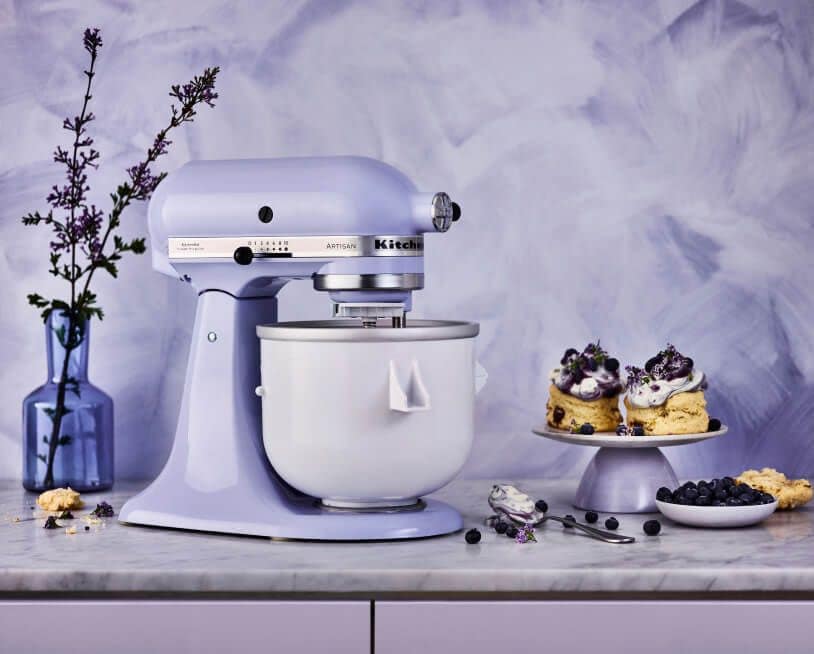 Lavender Cream KitchenAid® stand mixer next to blueberry lavender biscuits
