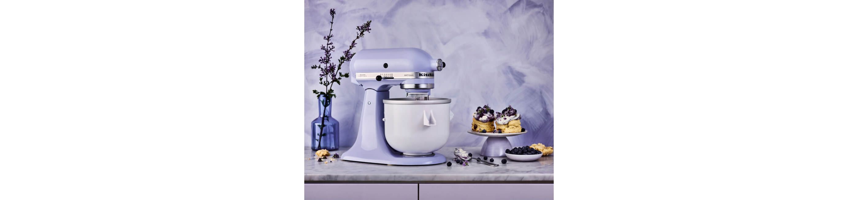 Lavender Cream KitchenAid® stand mixer next to blueberry lavender biscuits