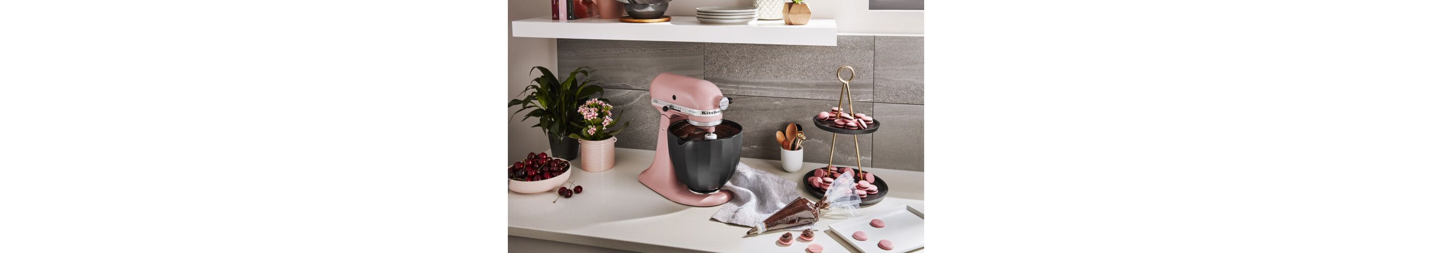 Matte Dried Rose KitchenAid® stand mixer with pink macarons