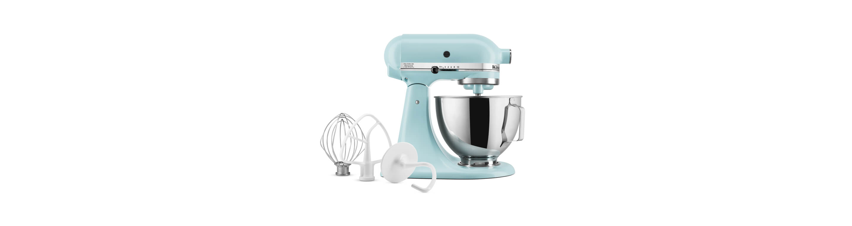 A KitchenAid® tilt-head stand mixer with accessories