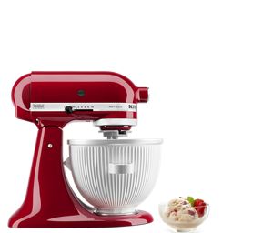 Red Stand Mixer using ice cream maker attachment to make ice cream.