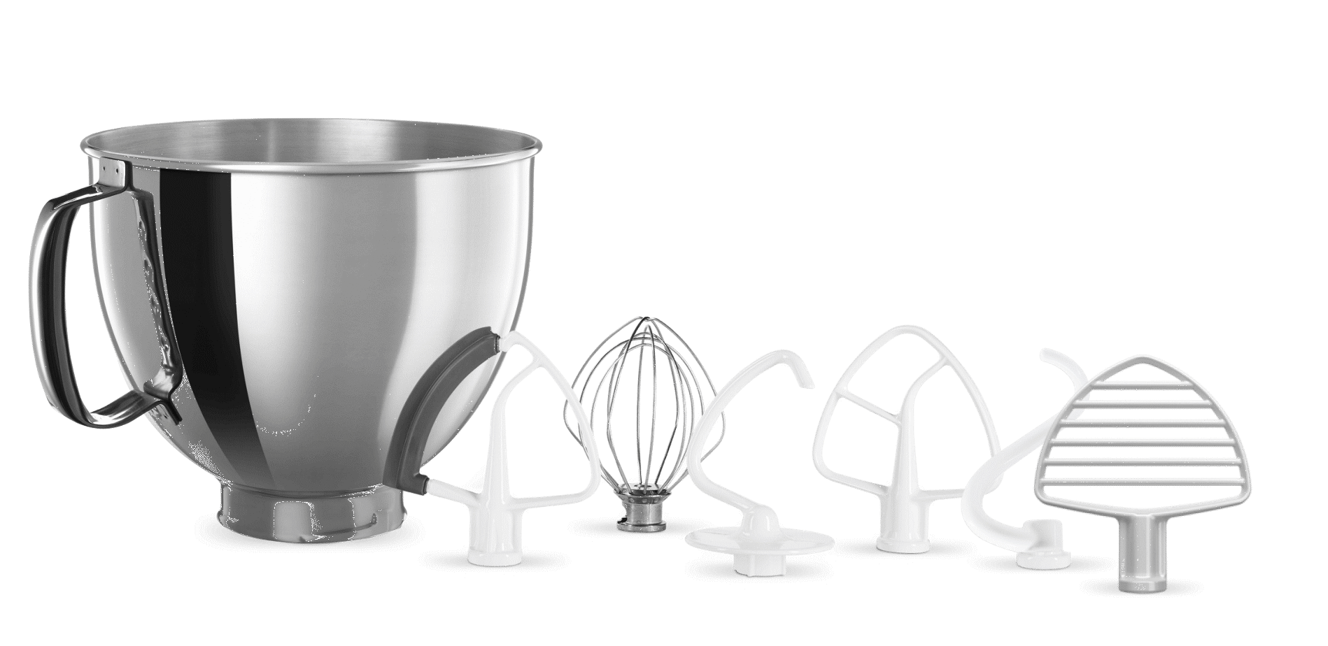 A stainless steel bowl, edge beater, whip, dough hook, flat beater, spiral hook and pastry beater.