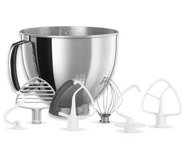 A stainless steel bowl, edge beater, whip, dough hook, flat beater, spiral hook and pastry beater.
