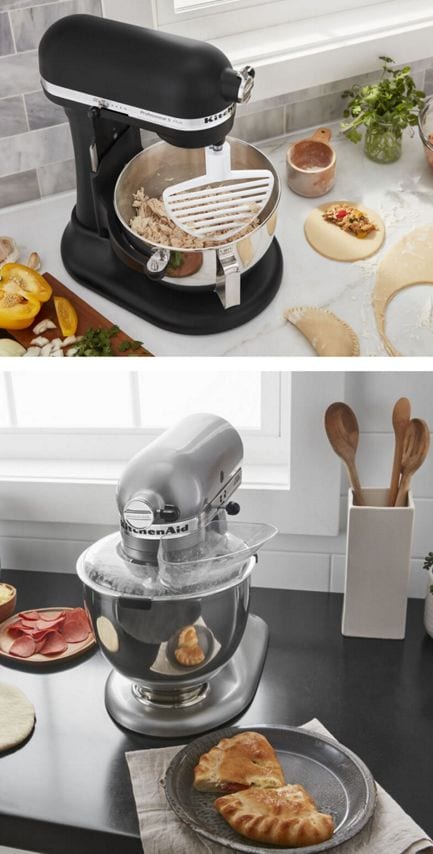 A Matte Black Stand Mixer using a Pastry Beater. A Chrome Stand Mixer using a Secure Fit Pouring Shield.