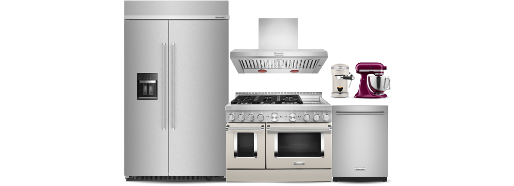 A suite of KitchenAid® appliances, including a commercial-style range and stand mixer.