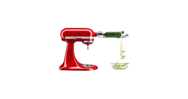 A red KitchenAid® Stand Mixer with the Spiralizer attachment