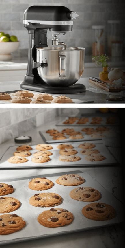 A Black KitchenAid® Bowl-Lift Stand Mixer next to different pastries and freshly baked chocolate chip cookies on baking sheets.