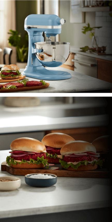 A blue KitchenAid® Bowl-Lift Stand Mixer on a countertop near beetroot burgers and prepared beetroot burgers on a cutting board.