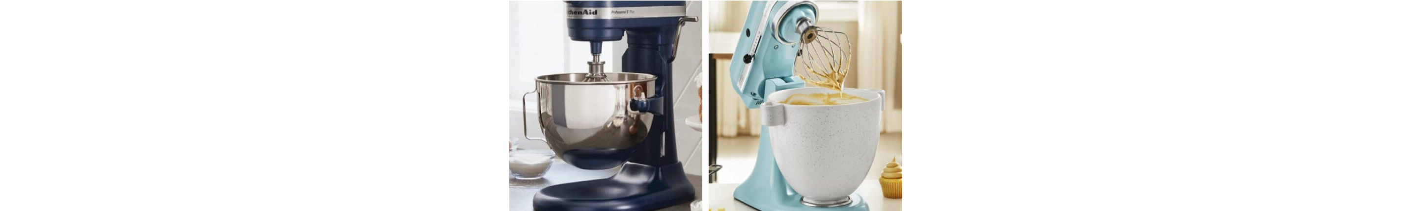 A KitchenAid® black bowl-lift stand mixer and a blue tilt-head stand mixer. 