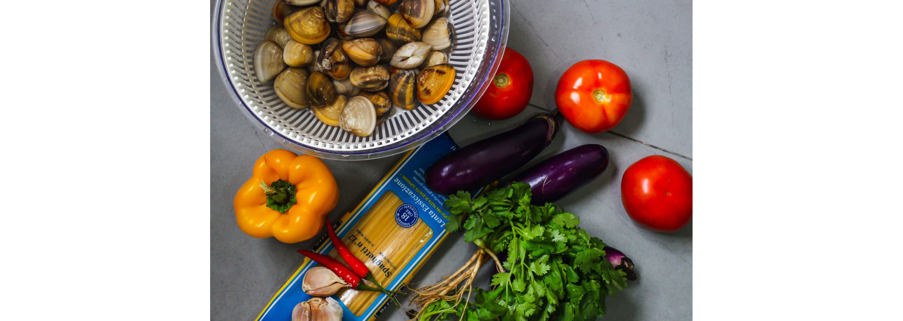 Some of the ingredients used for Spicy Clam Pasta.