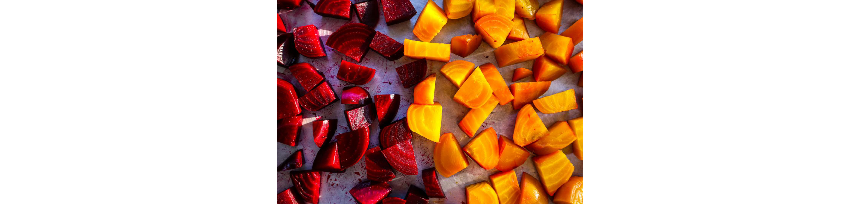 Sliced beetroots on a tray.