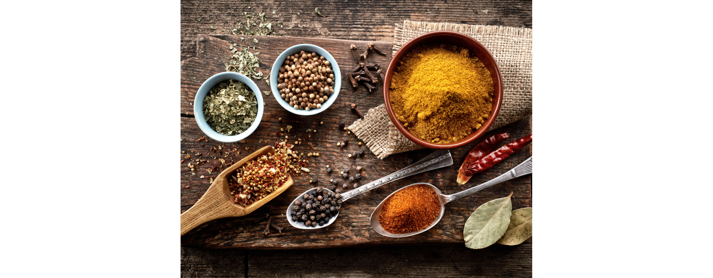 Small bowls and spoons filled with dried spices