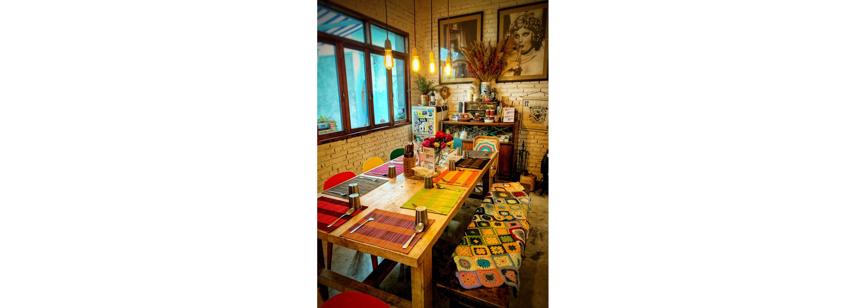 A large, colorfully decorated dining table.