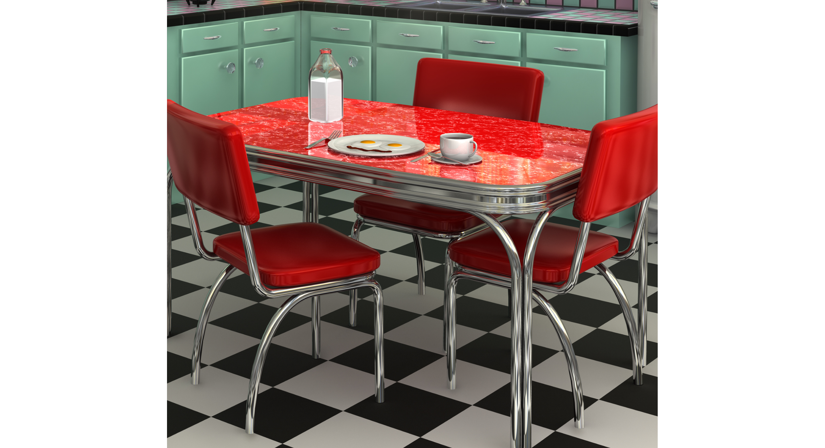 Colorful kitchen with teal cabinets and black and white flooring