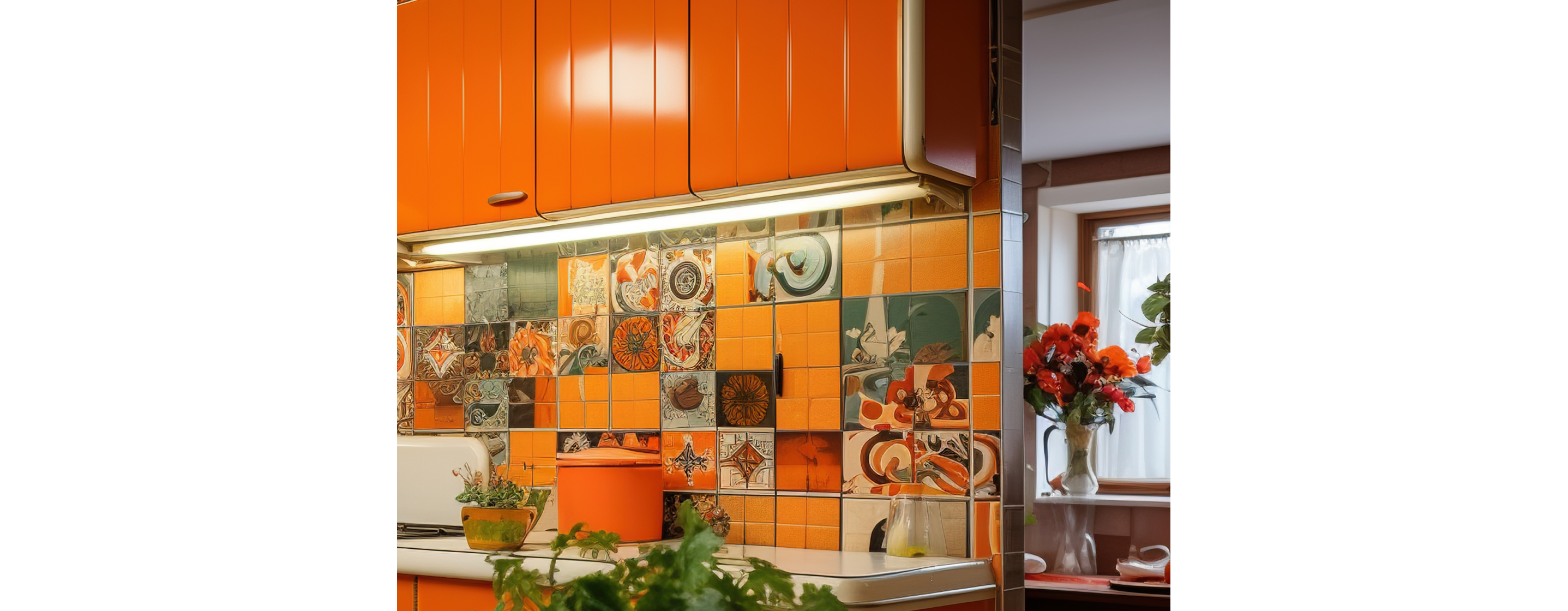 70’s style kitchen with orange cabinets and colorful flooring