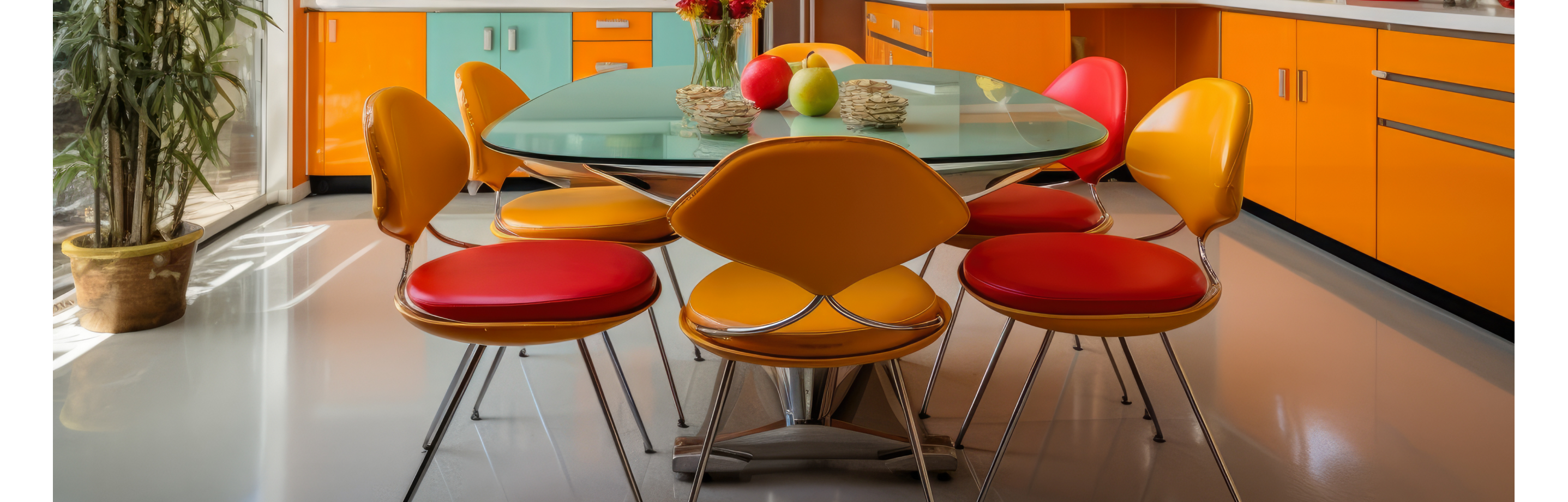 Vibrant yellow and red chairs around a vintage-inspired kitchen table