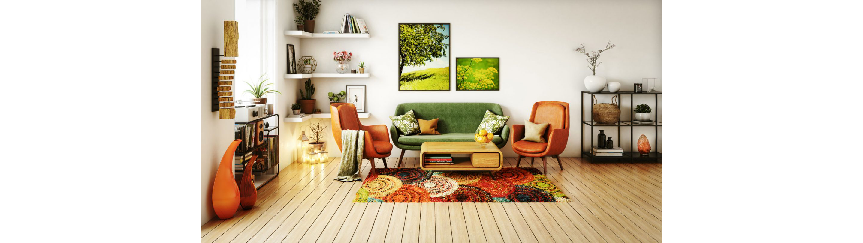 A living room filled with rustic and earthy colors.
