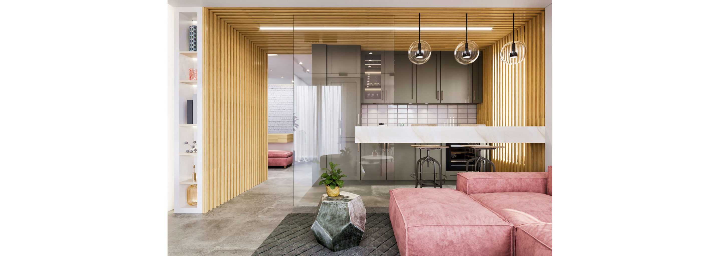 A modern, streamlined kitchen and living