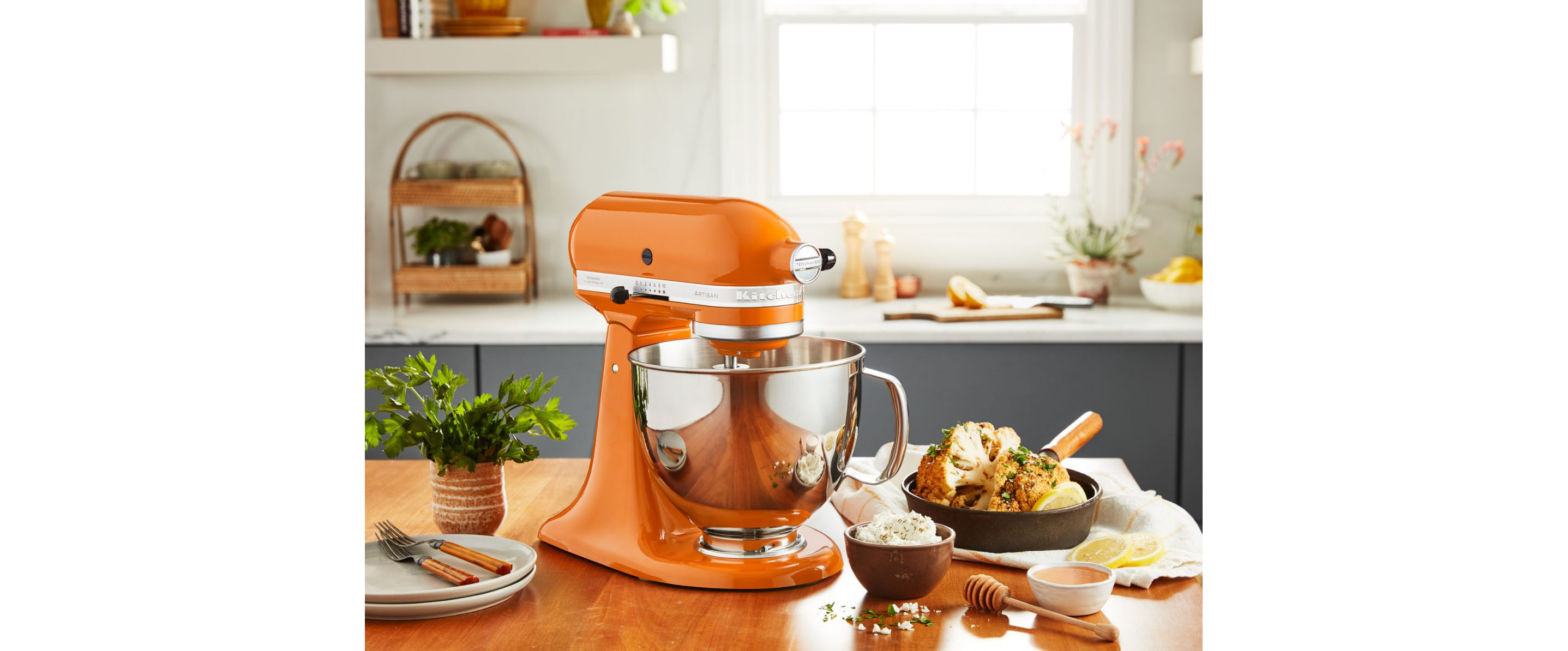 A KitchenAid® Stand Mixer in Honey.