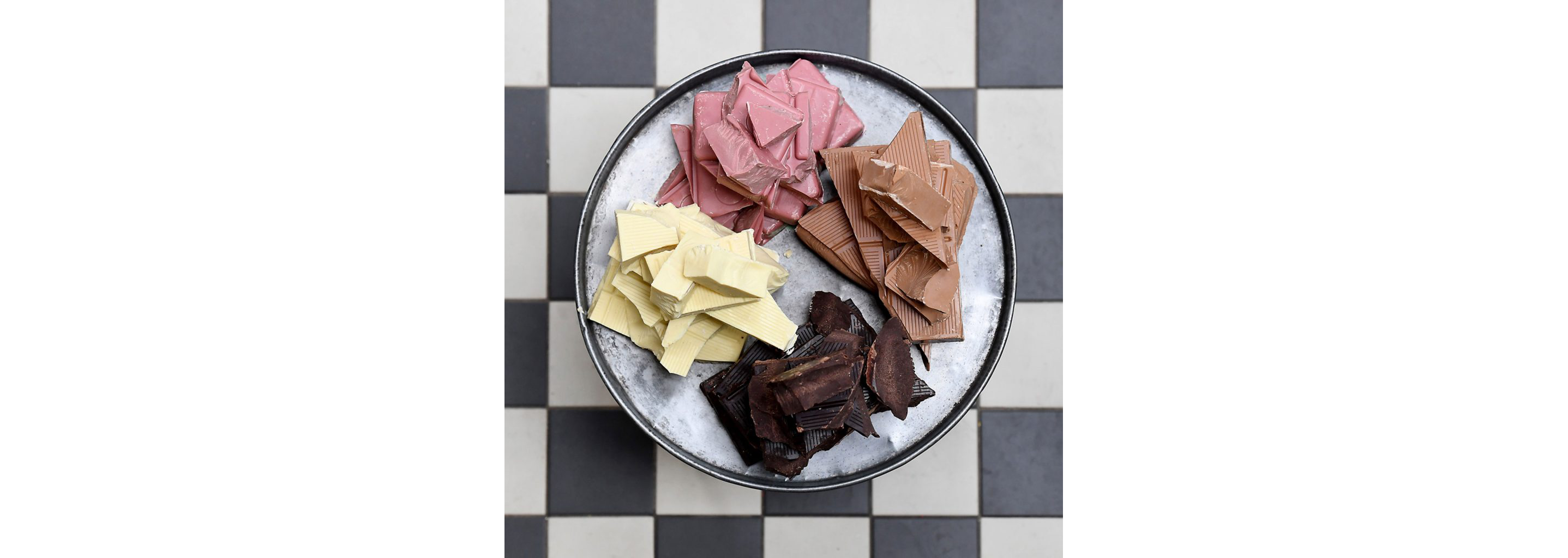 The four different types of chocolate: dark, milk, white and ruby.