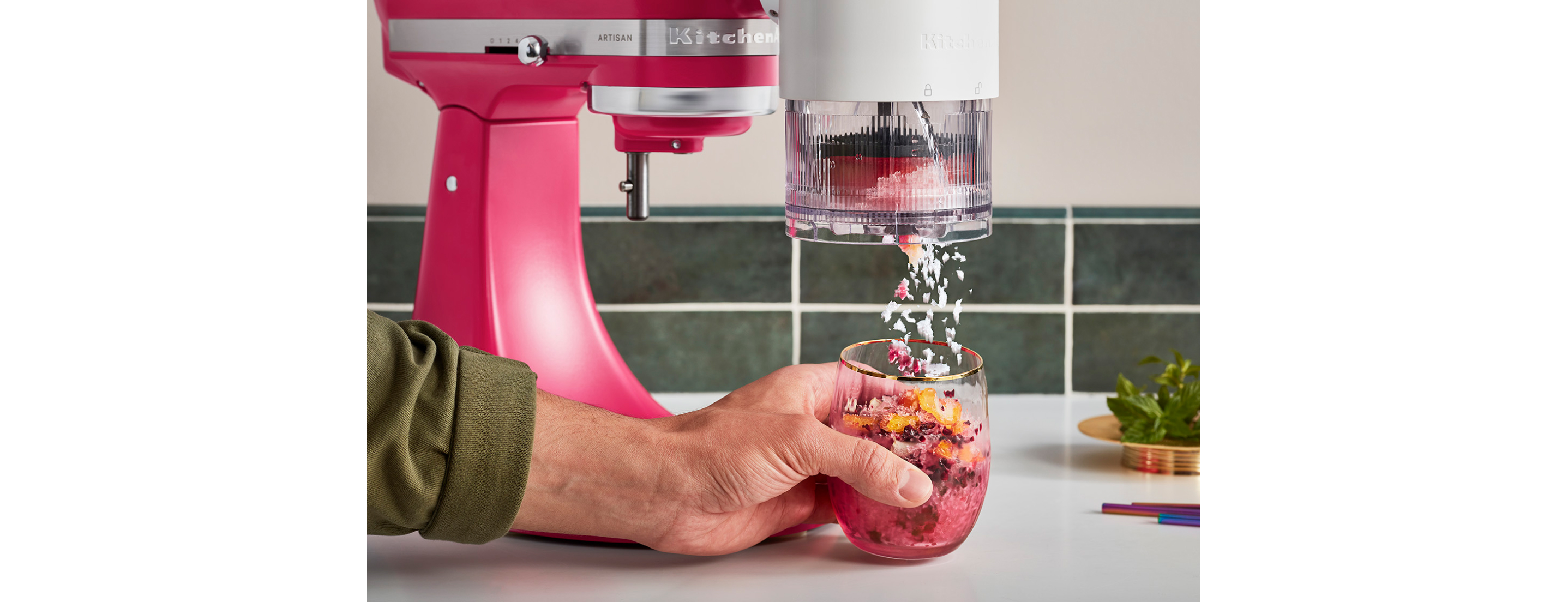 A ice shaver KitchenAid® Stand Mixer attachment on the 2023 Color of the Year Stand Mixer.