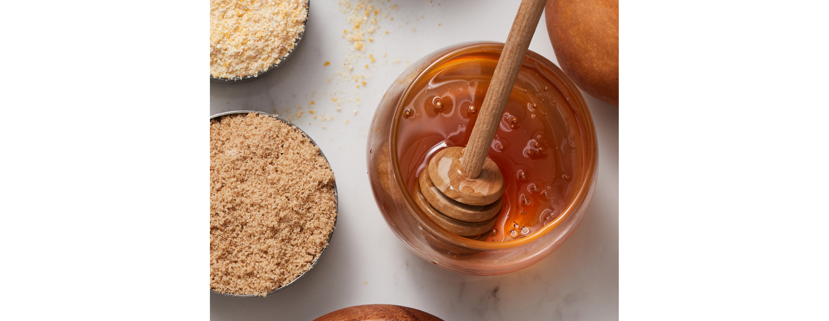 A top-down view of a jar of honey.