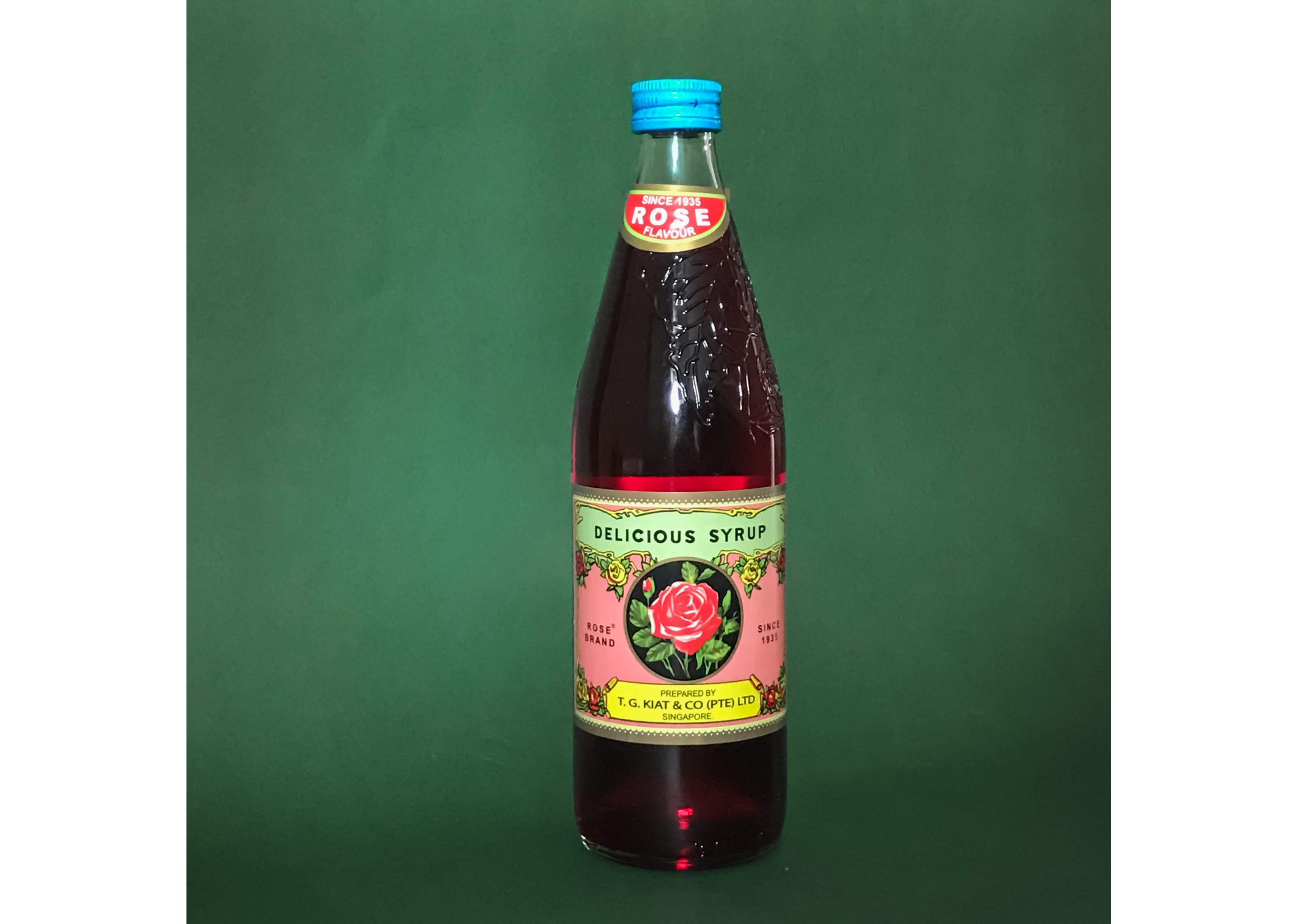 A bottle of Rose Brand Rose Syrup.