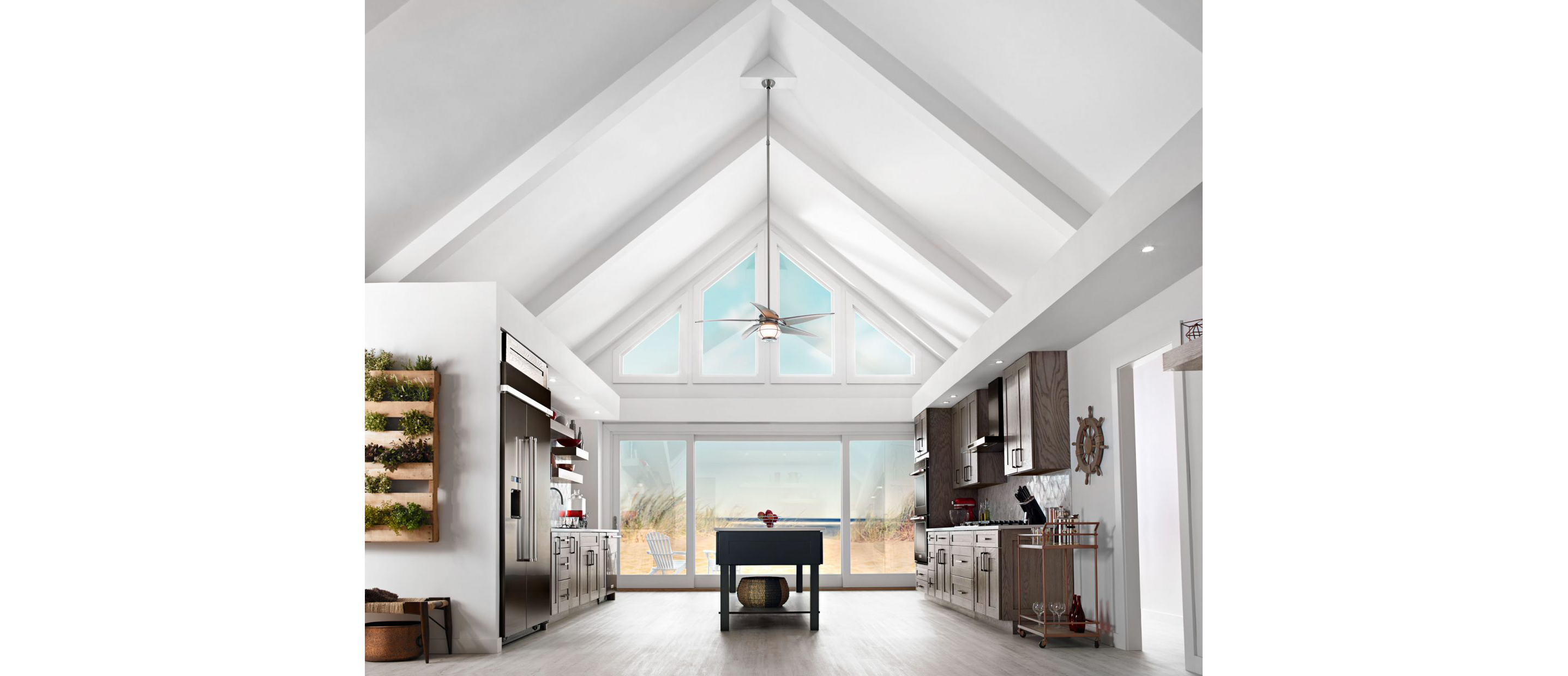 A large kitchen in a boldly architectural home.