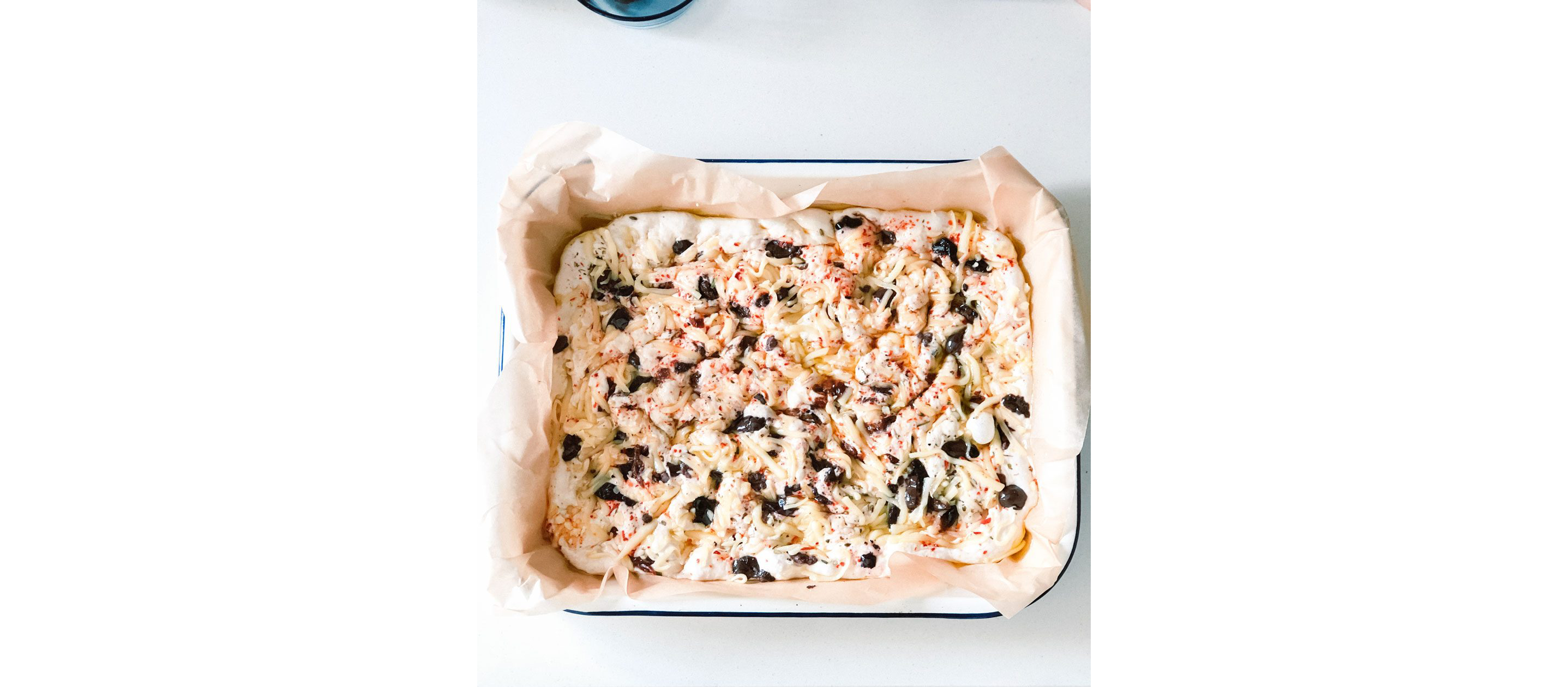 Focaccia bread ready for the oven.