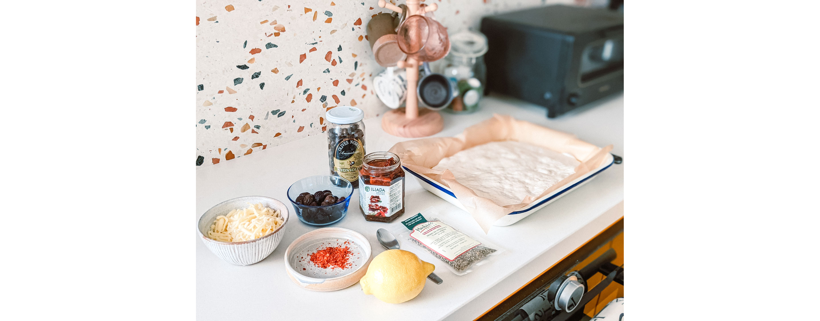 Separated ingredients for focaccia bread.